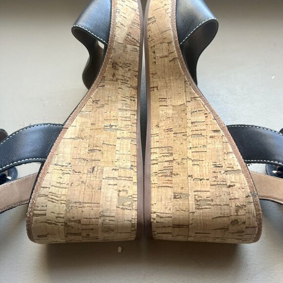 Bernardo Anthropologie Navy Blue Leather Cork Wedge Sandals Ankle Strap Women 9 - Picture 13 of 16